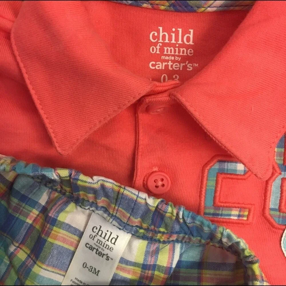 Child of Mine Boys Outfit Size 0-3 Months Orange Blue Baseball Polo Plaid Shorts